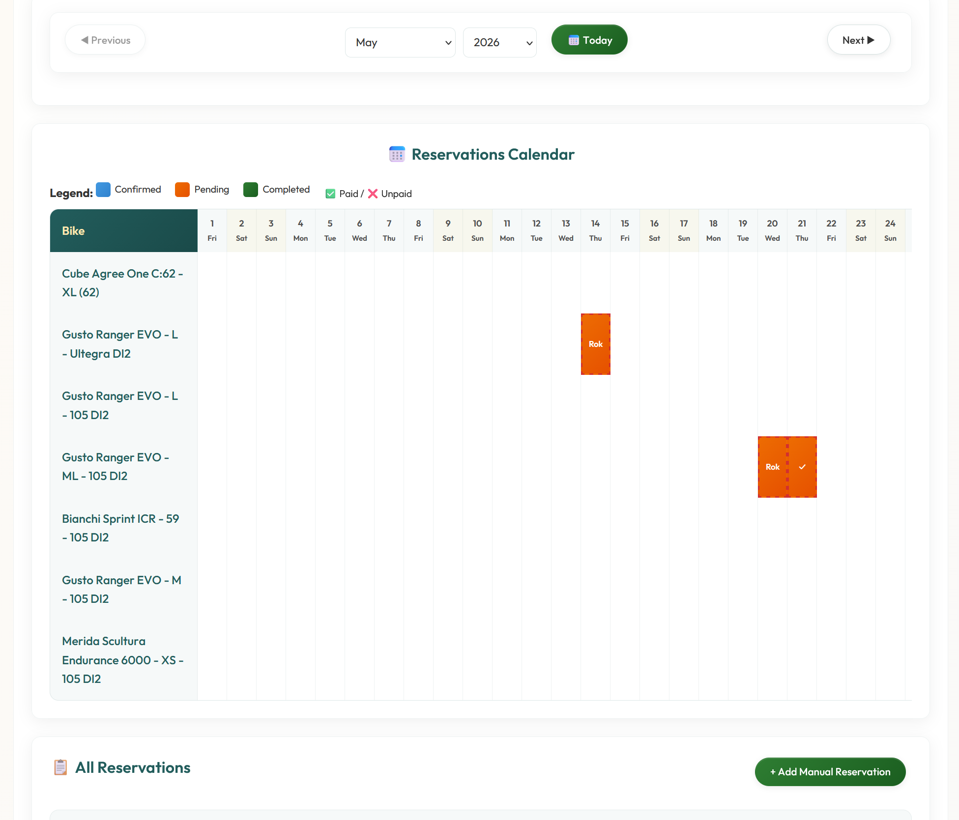 Admin reservations calendar — per-bike Gantt view with confirmed and pending bookings