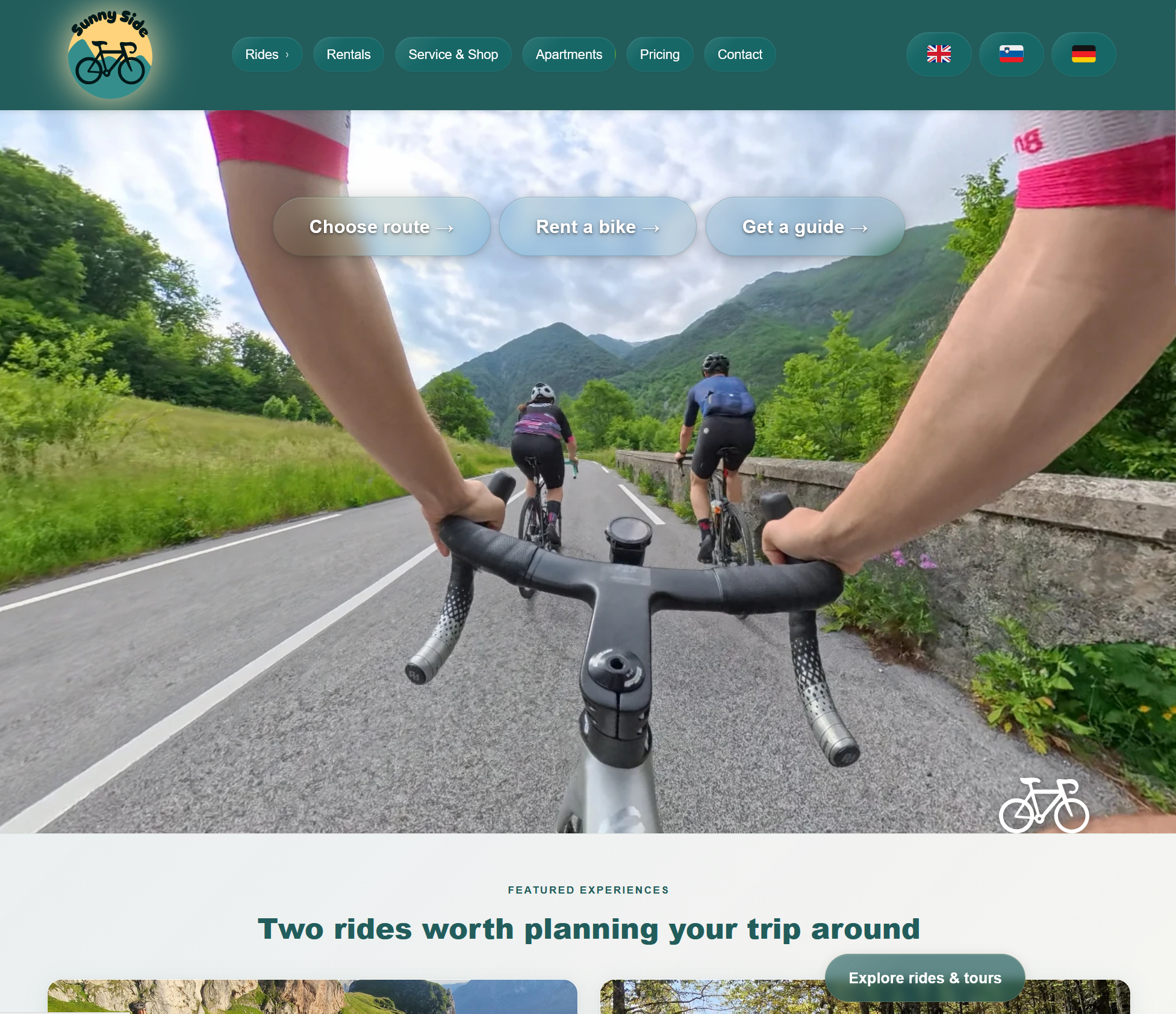 Sunny Side Cycling landing page — Soča Valley hero with three CTA buttons